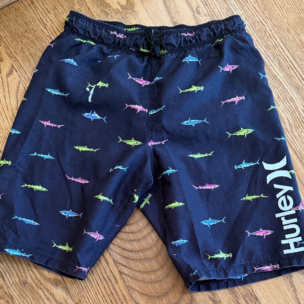 Hurley Boys Black Swim Trunks with Multicolor Shark Print